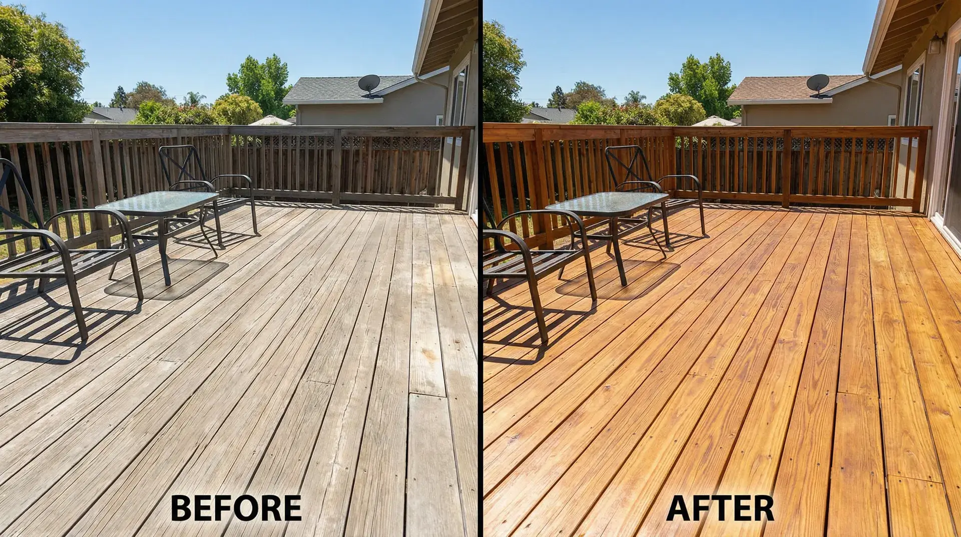 Deck staining and restoration before and after