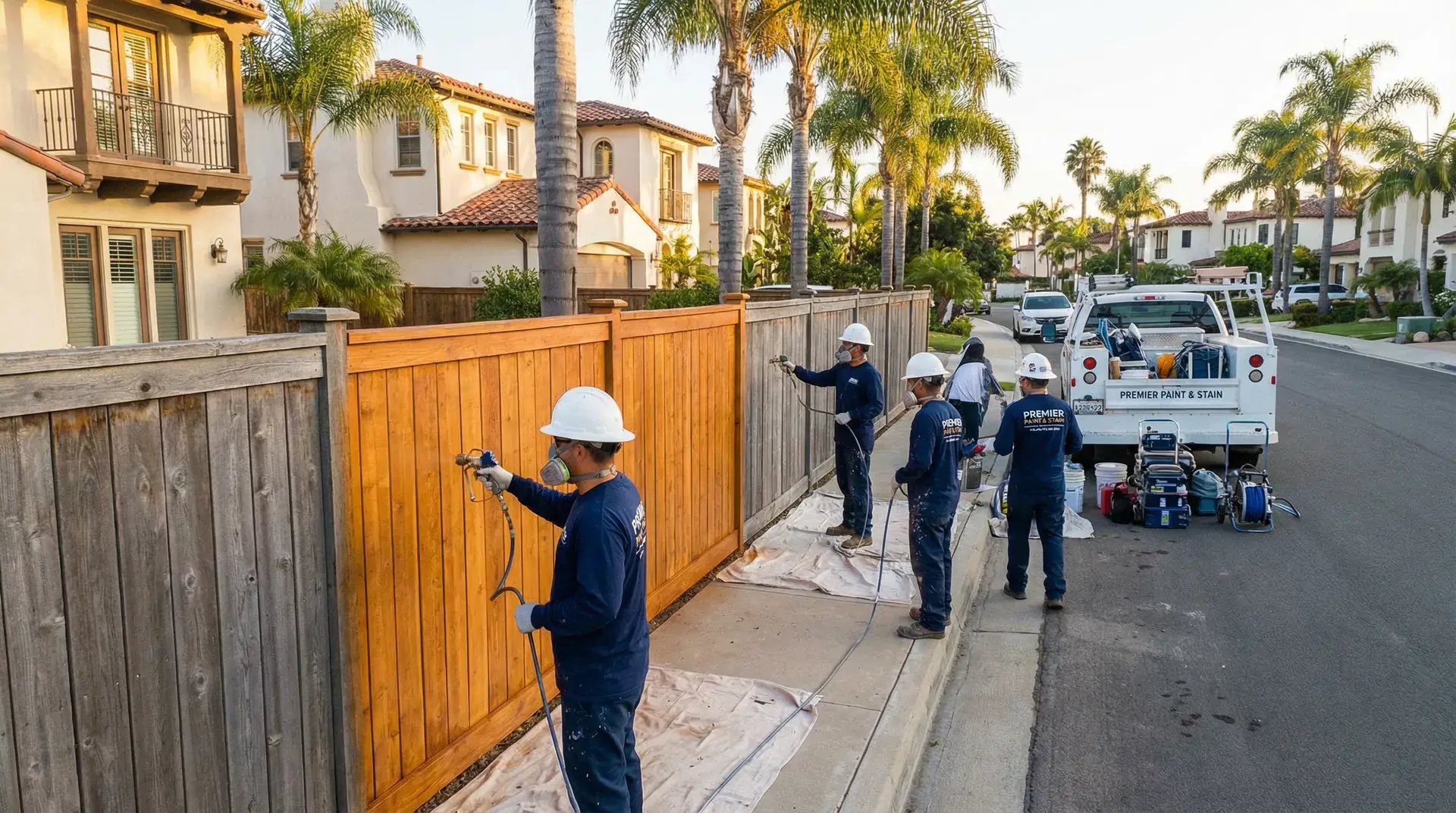 Professional fence painting crew at work