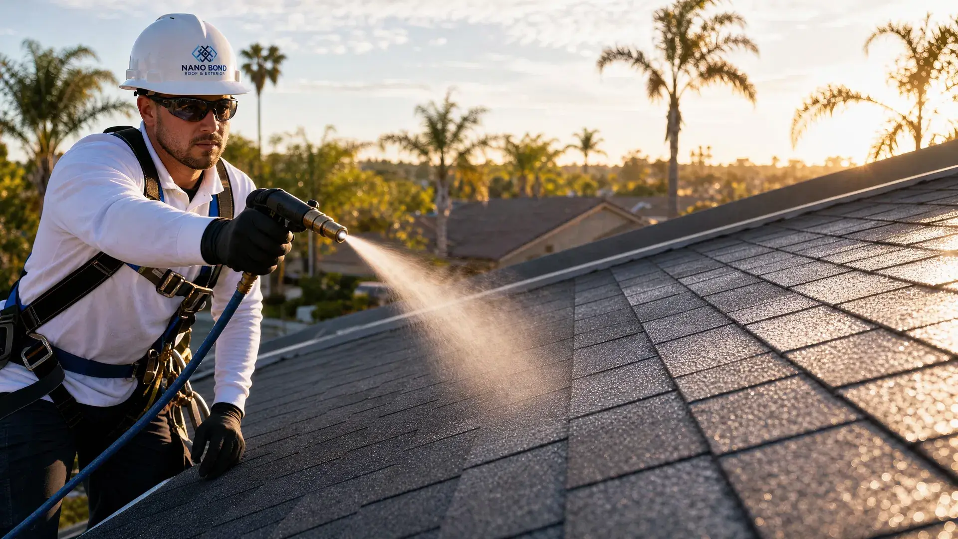 Professional applying GoNano roof treatment in San Diego