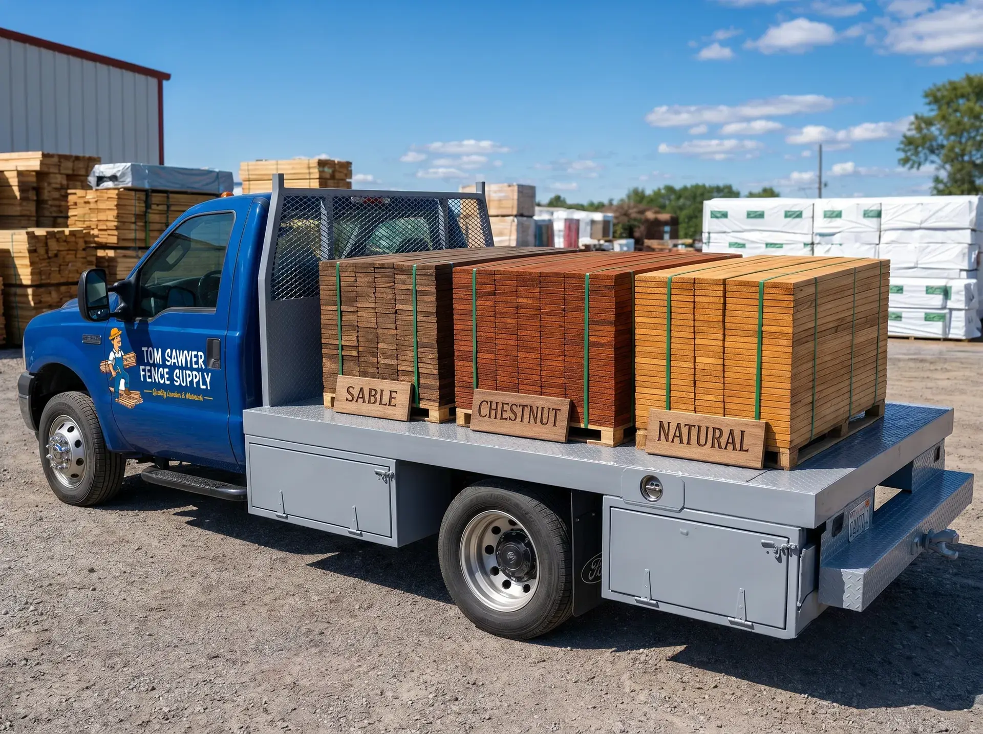 Tom Sawyer Fence Supply truck loaded with pre-stained fence boards in Sable, Chestnut, and Natural colors