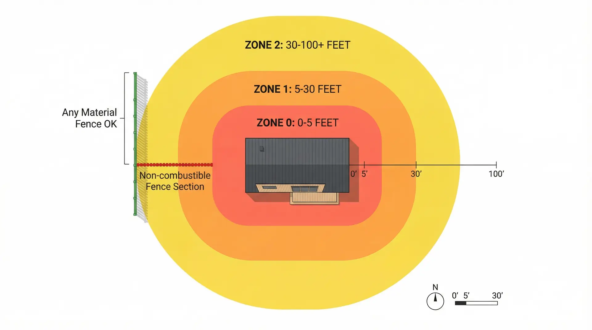 Zone Zero diagram showing 0-5ft, 5-30ft, and 30-100ft defensible space zones around a house